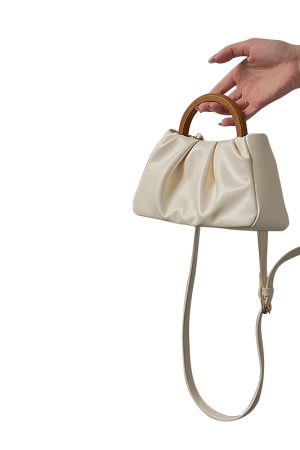 Women's Pleated Cloud Bag with Wooden Handle - Spring Summer Chinese Style Handheld Crossbody Small Bag