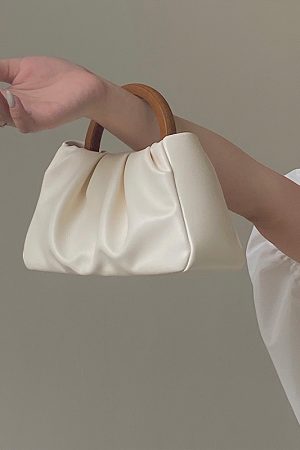 Women's Pleated Cloud Bag with Wooden Handle - Spring Summer Chinese Style Handheld Crossbody Small Bag