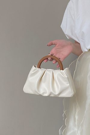 Women's Pleated Cloud Bag with Wooden Handle - Spring Summer Chinese Style Handheld Crossbody Small Bag