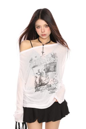 Women's Relaxed Graffiti Print Asymmetrical Long Sleeve T-Shirt - Lightweight Spring Autumn Cover-Up in Lazy Style
