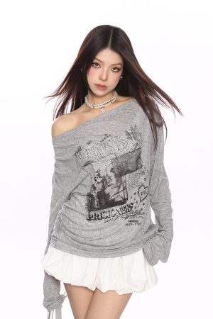 Women's Relaxed Graffiti Print Asymmetrical Long Sleeve T-Shirt - Lightweight Spring Autumn Cover-Up in Lazy Style