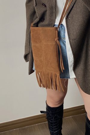 Women's Retro Fringe Mini Crossbody Bag - Suede Spring Summer 2025 American Style Small Purse