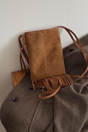 Women's Retro Fringe Mini Crossbody Bag - Suede Spring Summer 2025 American Style Small Purse