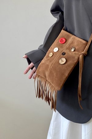 Women's Retro Hippie Button Design Tassel Shoulder Crossbody Bag - Spring Summer 2025 Small Bag for Bohemian Style