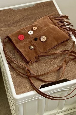 Women's Retro Hippie Button Design Tassel Shoulder Crossbody Bag - Spring Summer 2025 Small Bag for Bohemian Style
