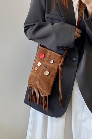 Women's Retro Hippie Button Design Tassel Shoulder Crossbody Bag - Spring Summer 2025 Small Bag for Bohemian Style