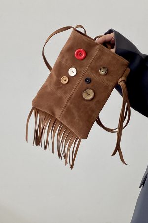 Women's Retro Hippie Button Design Tassel Shoulder Crossbody Bag - Spring Summer 2025 Small Bag for Bohemian Style