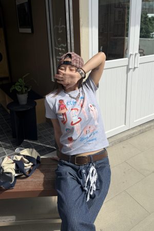 Women's Retro Printed Short-Sleeve T-Shirt - Loose Fit Elastic Summer Top - American Style - 90s Inspired Fashion