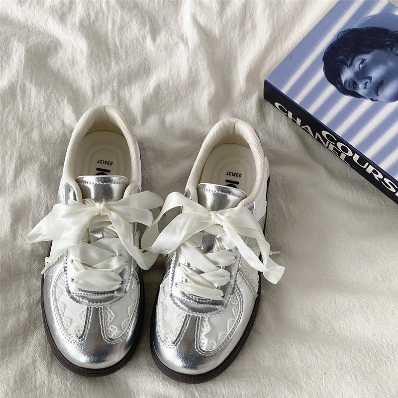 Women's Retro Thick-Soled Sneakers - Silver Lace-Up Design, Breathable White, Spring 2025 Fashion Women's Retro Thick-Soled Sneakers - Silver Lace-Up Design, Breathable White, Spring 2025 Fashion