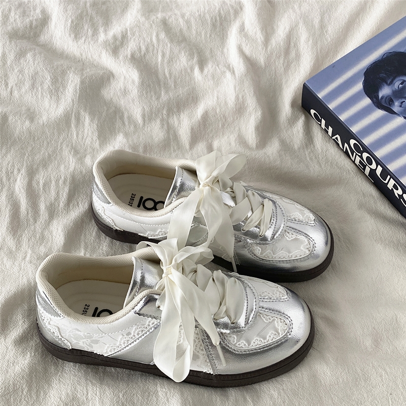 Women's Retro Thick-Soled Sneakers - Silver Lace-Up Design, Breathable White, Spring 2025 Fashion Women's Retro Thick-Soled Sneakers - Silver Lace-Up Design, Breathable White, Spring 2025 Fashion