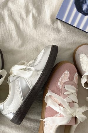 Women's Retro Thick-Soled Sneakers - Silver Lace-Up Design, Breathable White, Spring 2025 Fashion