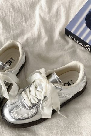Women's Retro Thick-Soled Sneakers - Silver Lace-Up Design, Breathable White, Spring 2025 Fashion