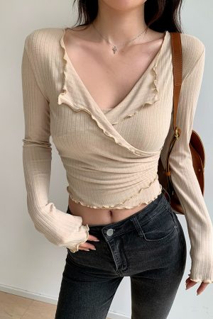 Women's Sensual Cross V-Neck Ruffled Edge Long Sleeve T-Shirt - Basic High Waist Top in Trendy 90s Style