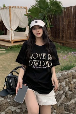 Women's Short Sleeve Bubble Letter T-Shirt - Loose Fit Round Neck Summer Top for Couples, Casual Lazy Style