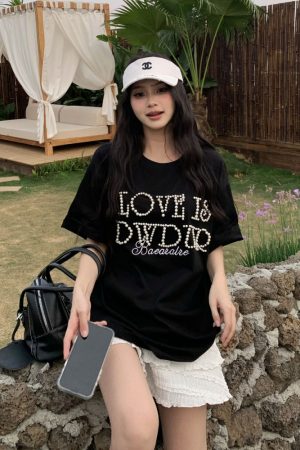 Women's Short Sleeve Bubble Letter T-Shirt - Loose Fit Round Neck Summer Top for Couples, Casual Lazy Style