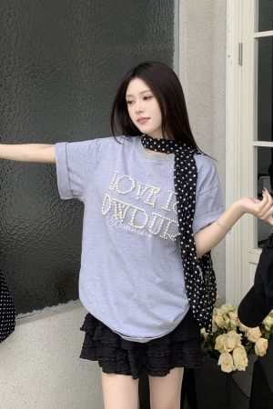 Women's Short Sleeve Bubble Letter T-Shirt - Loose Fit Round Neck Summer Top for Couples, Casual Lazy Style