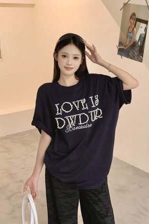 Women's Short Sleeve Bubble Letter T-Shirt - Loose Fit Round Neck Summer Top for Couples, Casual Lazy Style