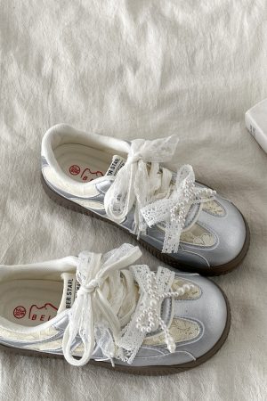 Women's Silver Pearl Ballet Training Shoes - 2025 Spring Thick-Soled White Lace Sneakers Trend for Dance and Casual Wear