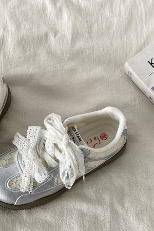 Women's Silver Pearl Ballet Training Shoes - 2025 Spring Thick-Soled White Lace Sneakers Trend for Dance and Casual Wear