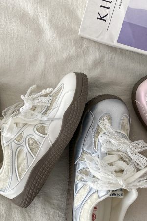 Women's Silver Pearl Ballet Training Shoes - 2025 Spring Thick-Soled White Lace Sneakers Trend for Dance and Casual Wear
