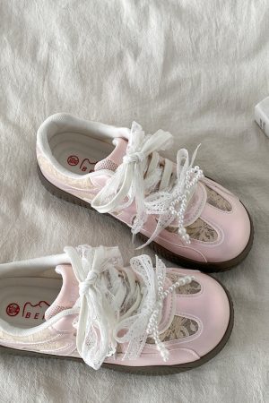 Women's Silver Pearl Ballet Training Shoes - 2025 Spring Thick-Soled White Lace Sneakers Trend for Dance and Casual Wear