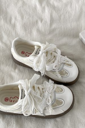 Women's Silver Pearl Ballet Training Shoes - 2025 Spring Thick-Soled White Lace Sneakers Trend for Dance and Casual Wear