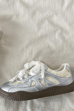 Women's Silver Pearl Ballet Training Shoes - 2025 Spring Thick-Soled White Lace Sneakers Trend for Dance and Casual Wear
