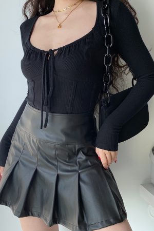 Women's Simple U-Neck Tied Extra Long Sleeve T-Shirt - Slim Fit Base Layer Top, European & American Style