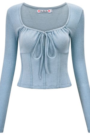 Women's Simple U-Neck Tied Extra Long Sleeve T-Shirt - Slim Fit Base Layer Top, European & American Style