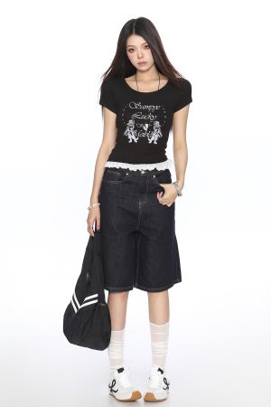 Women's Slim-Fit Cropped Round Neck T-Shirt with Lace Edge - American Style, Short Sleeve, Summer Casual Vibe