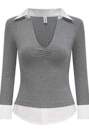 Women’s Slim Fit V-neck Spliced Two-Piece T-shirt with Three-Quarter Sleeves - Flattering Casual Top for Everyday Wear