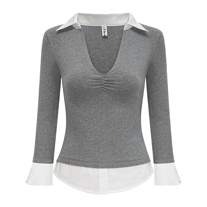 Women’s Slim Fit V-neck Spliced Two-Piece T-shirt with Three-Quarter Sleeves - Flattering Casual Top for Everyday Wear Women’s Slim Fit V-neck Spliced Two-Piece T-shirt with Three-Quarter Sleeves - Flattering Casual Top for Everyday Wear