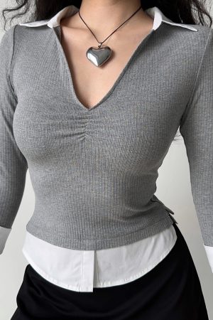 Womenâ€™s Slim Fit V-neck Spliced Two-Piece T-shirt with Three-Quarter Sleeves - Flattering Casual Top for Everyday Wear