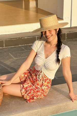 Women's Slim Fit V-Neck T-Shirt with Ruffled Short Sleeves, Drawstring Tie, Sweet & Spicy Summer Style