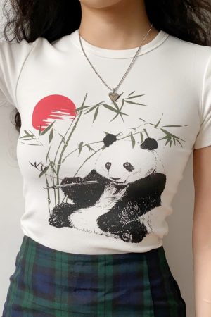 Women's Slim Fit White Short Sleeve T-Shirt with DIY Chinese Painting Panda and Bamboo Sunset Print