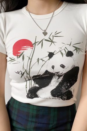 Women's Slim Fit White Short Sleeve T-Shirt with DIY Chinese Painting Panda and Bamboo Sunset Print