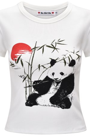 Women's Slim Fit White Short Sleeve T-Shirt with DIY Chinese Painting Panda and Bamboo Sunset Print