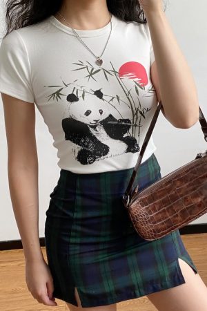 Women's Slim Fit White Short Sleeve T-Shirt with DIY Chinese Painting Panda and Bamboo Sunset Print