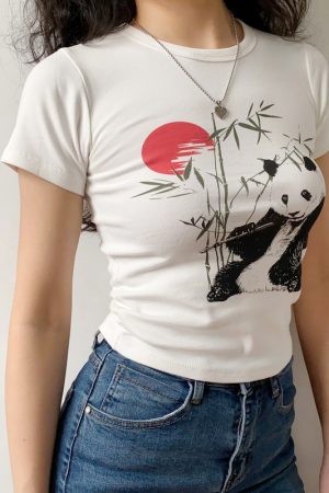 Women's Slim Fit White Short Sleeve T-Shirt with DIY Chinese Painting Panda and Bamboo Sunset Print