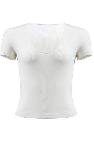 Women's Slim Fit White U-Neck T-Shirt - Sexy Tight Stretchy Short Sleeve Top for Hot Girl Style