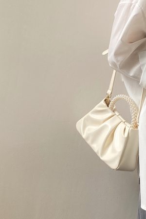 Women's Spring Summer Ruffled Cloud Bag - French Pearl Handheld Shoulder Crossbody Small Bag