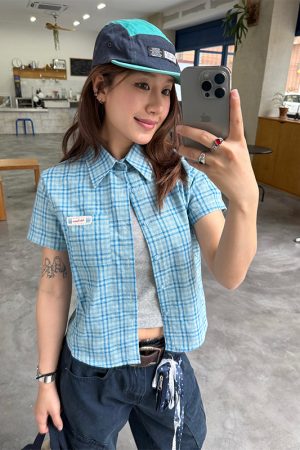 Women's Summer Casual American Plaid Short Sleeve Slim Shirt - Regular Fit, Trendy Design for Effortless Style