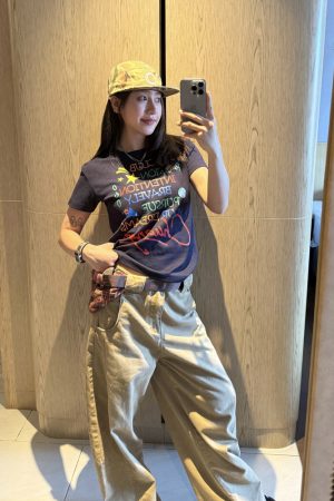 Women's Summer Casual Round Neck Short Sleeve T-Shirt with Letter Print and Shoulder Design - Versatile Y2K Style Top