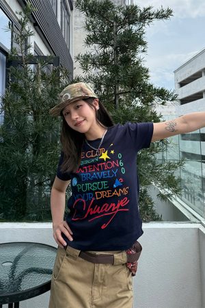 Women's Summer Casual Round Neck Short Sleeve T-Shirt with Letter Print and Shoulder Design - Versatile Y2K Style Top