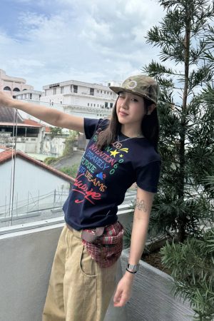 Women's Summer Casual Round Neck Short Sleeve T-Shirt with Letter Print and Shoulder Design - Versatile Y2K Style Top