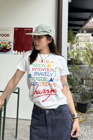 Women's Summer Casual Round Neck Short Sleeve T-Shirt with Letter Print and Shoulder Design - Versatile Y2K Style Top