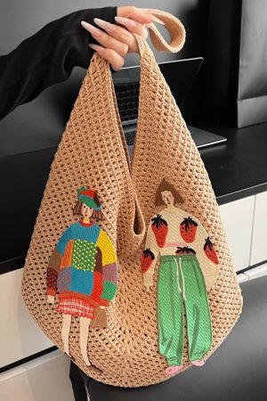 Women's Summer Cotton Woven Tote Bag, Niche Shoulder Underarm Commuting Bag, Lazy Style Hollow Straw Vacation Accessory