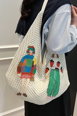 Women's Summer Cotton Woven Tote Bag, Niche Shoulder Underarm Commuting Bag, Lazy Style Hollow Straw Vacation Accessory