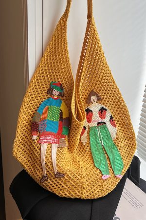 Women's Summer Cotton Woven Tote Bag, Niche Shoulder Underarm Commuting Bag, Lazy Style Hollow Straw Vacation Accessory