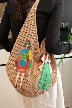 Women's Summer Cotton Woven Tote Bag, Niche Shoulder Underarm Commuting Bag, Lazy Style Hollow Straw Vacation Accessory